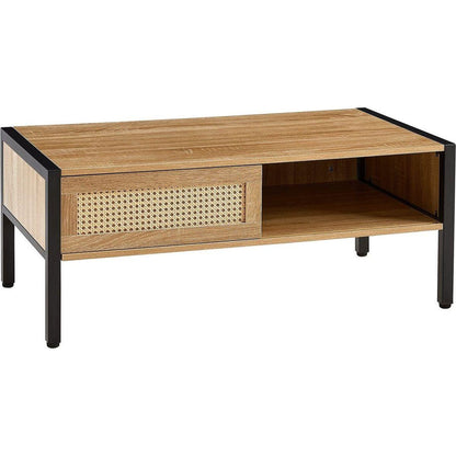 40.16" Rattan Coffee table, sliding door for storage, metal legs, Modern table for living room, natural