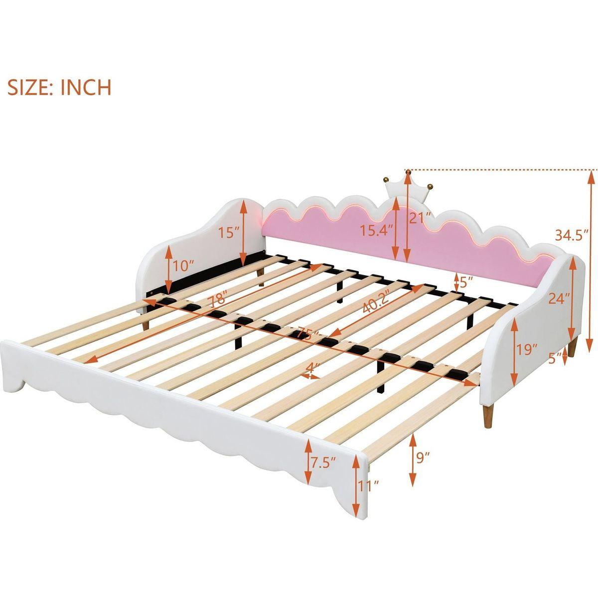 Twin Extending Daybed with LED Lights, Modern Upholstered Princess Daybed With Crown Headboard,White - Streamdale Furniture
