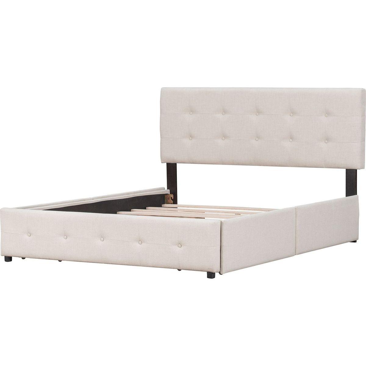 Upholstered Platform Bed with Classic Headboard and 4 Drawers, No Box Spring Needed, Linen Fabric, Queen Size Beige