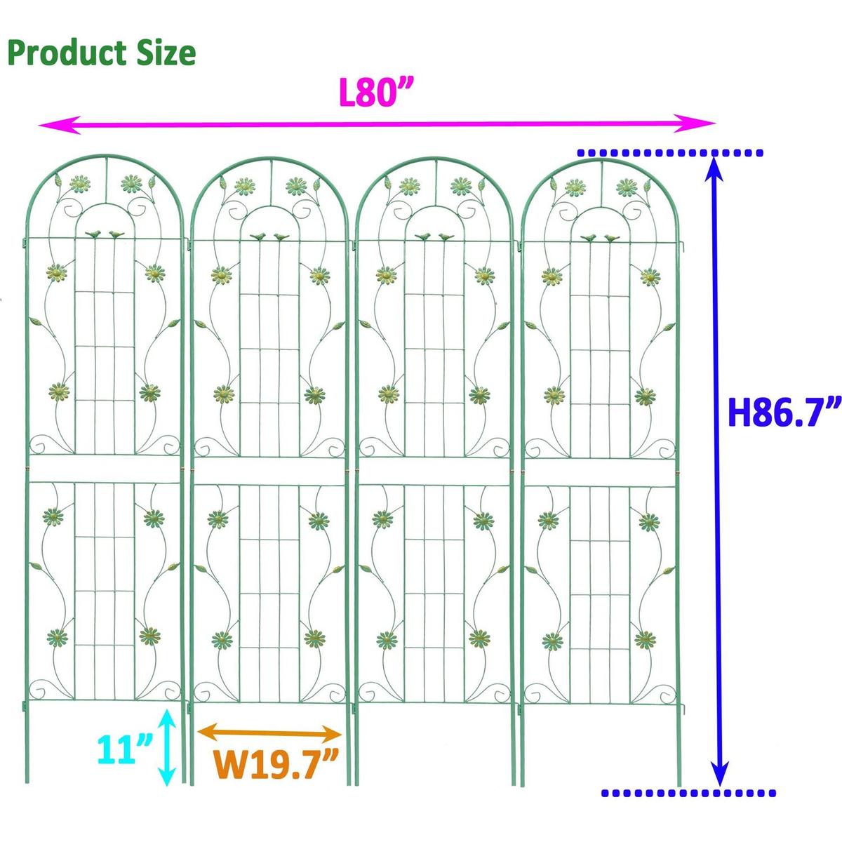 4 Pack Metal Garden Trellis 86.7" x 19.7" Rustproof Trellis for Climbing Plants Outdoor Flower Support Green