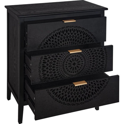 3 Drawer Cabinet with Hollow-Carved 3 Drawer Dresser Storage Chest with Metal Handles For Entryway Living Room Bedroom
