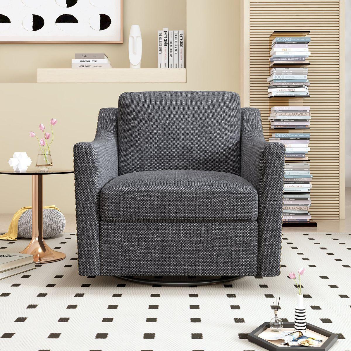 360 Degree Swivel Armchair Cotton linen skin-friendly fabric Ergonomic design Brass nail decorative armchair Living room chairs Bedroom chairs Living room chairs Black legs Suitable for indoor homes - Streamdale Furniture