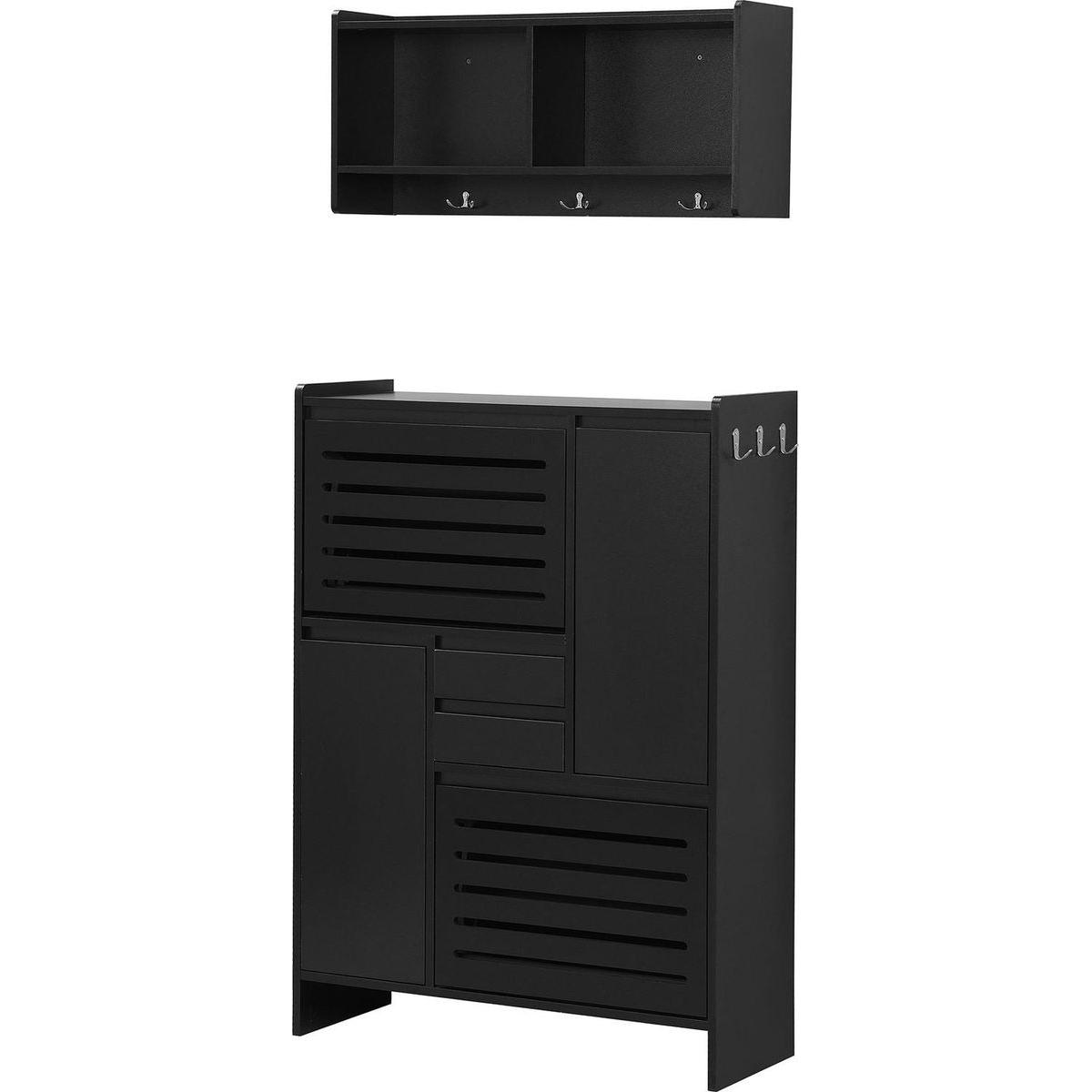 Multi-Functional Shoe Cabinet with Wall Cabinet, Space-saving Design Foyer Cabinet with 2 Flip Drawers, Versatile Side Cabinet for Hallway, Black