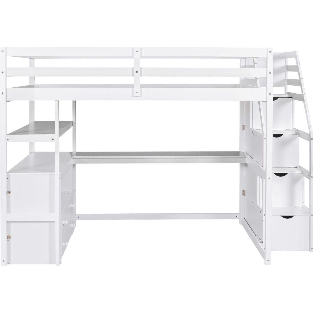Full Size Loft Bed with Desk and Shelves, Two Built-in Drawers, Storage Staircase, White