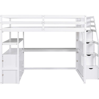 Full Size Loft Bed with Desk and Shelves, Two Built-in Drawers, Storage Staircase, White