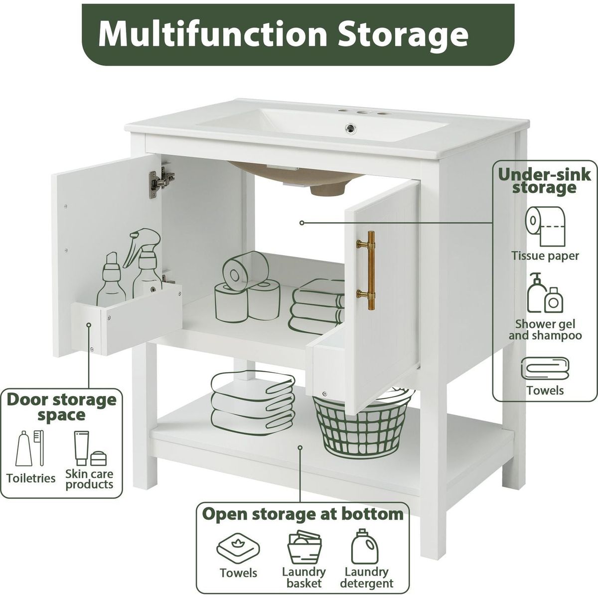 30-Inch White Bathroom Vanity with Ceramic Sink and Versatile Storage - Ideal for Small Bathrooms