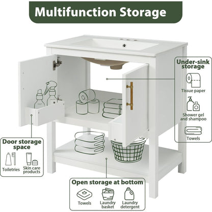 30-Inch White Bathroom Vanity with Ceramic Sink and Versatile Storage - Ideal for Small Bathrooms