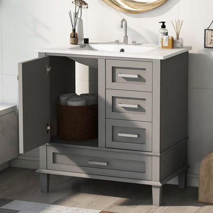 30" Bathroom Vanity, Modern Bathroom Cabinet with Sink Combo Set, Bathroom Storage Cabinet with a Soft Closing Door and 3 Drawers, Solid Wood Frame(Grey)