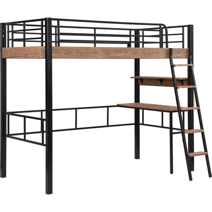 Metal Twin Size Loft Bed with Built-in Desk, Storage Shelf and Ladder, Black