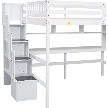 Full Size Loft Bed with Built-in Desk, Bookshelves and Storage Staircase,White