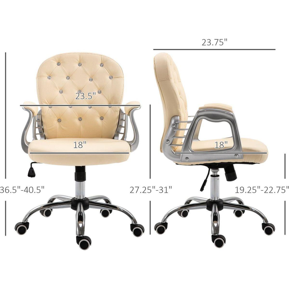 PU Leather Home Office Chair, Button Tufted Desk Chair with Padded Armrests, Adjustable Height and Swivel Wheels, Beige