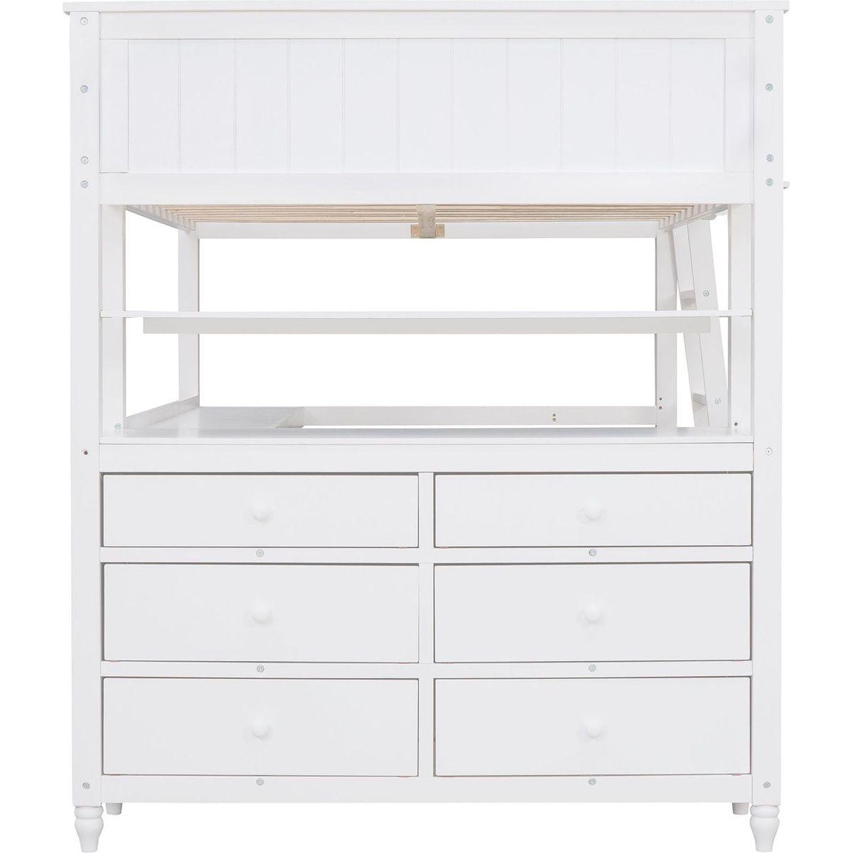 Full size Loft Bed with Drawers and Desk, Wooden Loft Bed with Shelves - White