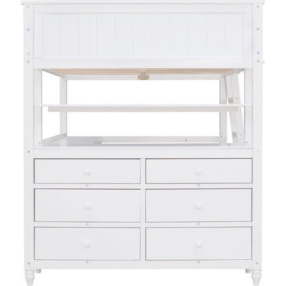 Full size Loft Bed with Drawers and Desk, Wooden Loft Bed with Shelves - White