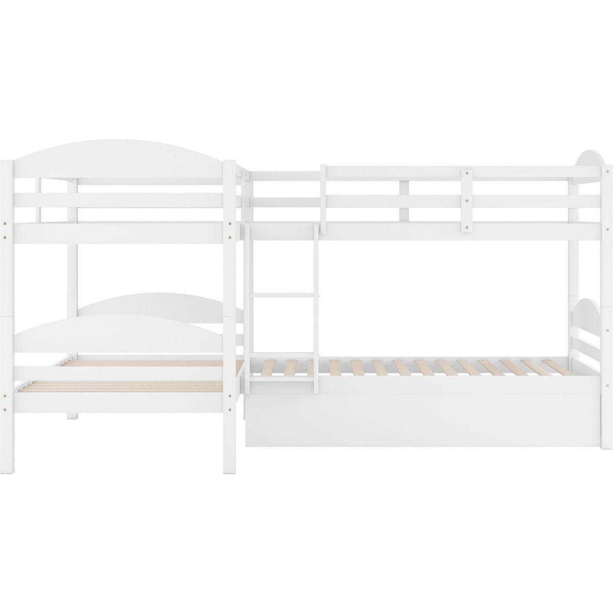 Twin L-Shaped Bunk bed with Trundle-White{O