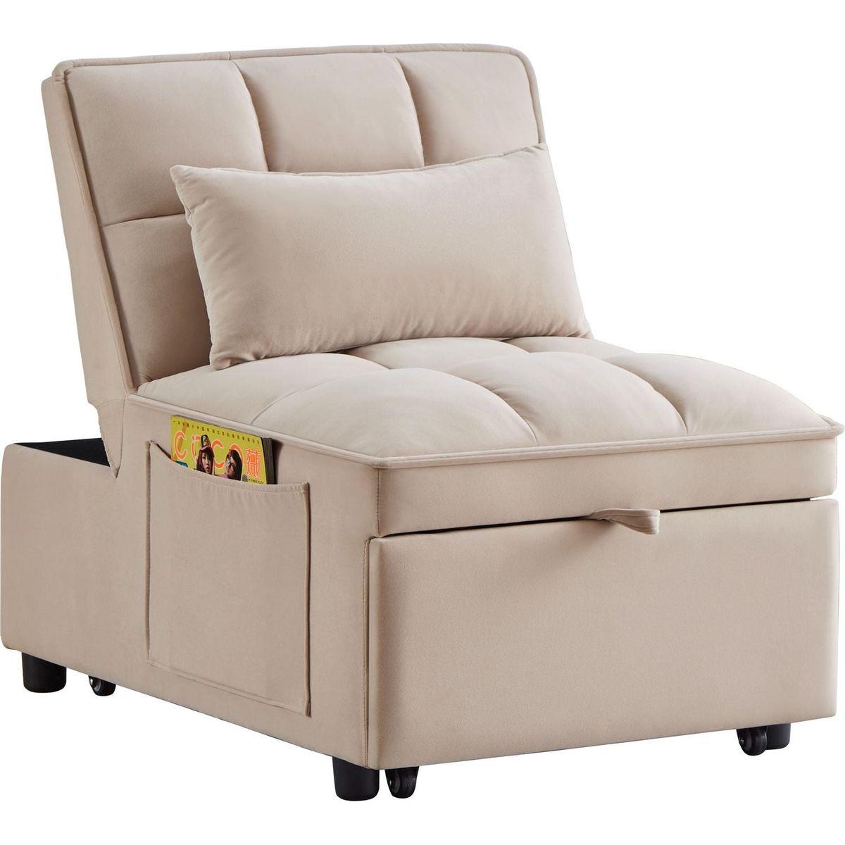 4 in1 Multi-Function Single Sofa Bed with Storage Pockets,Tufted Single Pull-out Sofa Bed with Adjustable Backrest and Pillows, Convertible Chaise Lounge,Taupe