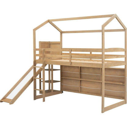 Twin Size Wood House Loft bed with Slide, Storage shelves and Light, Climbing Ramp, Wood Color
