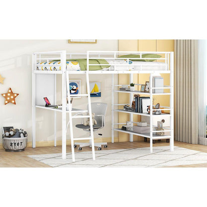 Full Size Loft Metal Bed with 3 Layers of Shelves and Desk, Stylish Metal Frame Bed with Whiteboard, White