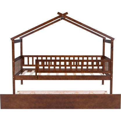 Twin Size Wooden House Bed with Twin Size Trundle, Walnut