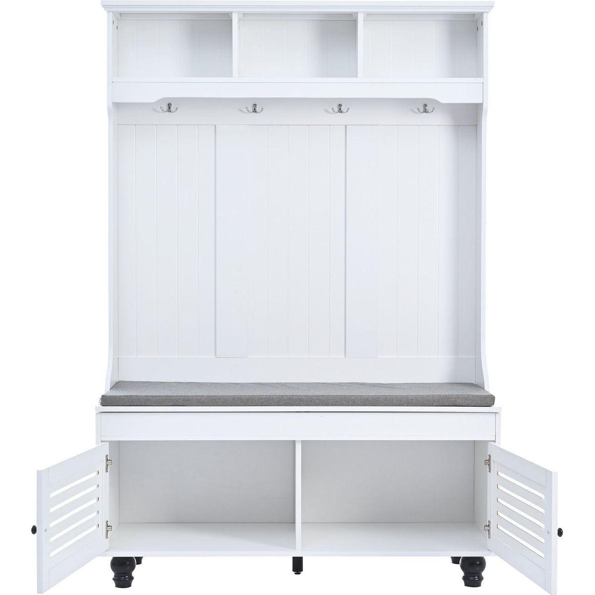 5-in-1 Entryway Bench with Shutter-shaped doors, Coat Rack, Cushion and 4 Sturdy Hooks, 47.2" Wide Hall Tree with Storage Bench for Hallway, Entryway, Living Room