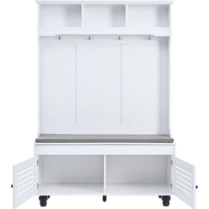 5-in-1 Entryway Bench with Shutter-shaped doors, Coat Rack, Cushion and 4 Sturdy Hooks, 47.2" Wide Hall Tree with Storage Bench for Hallway, Entryway, Living Room