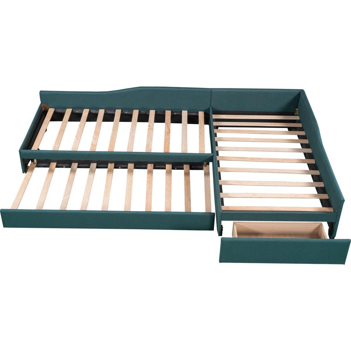 Upholstered Double Twin Size Daybed with Trundle and Drawer, Green