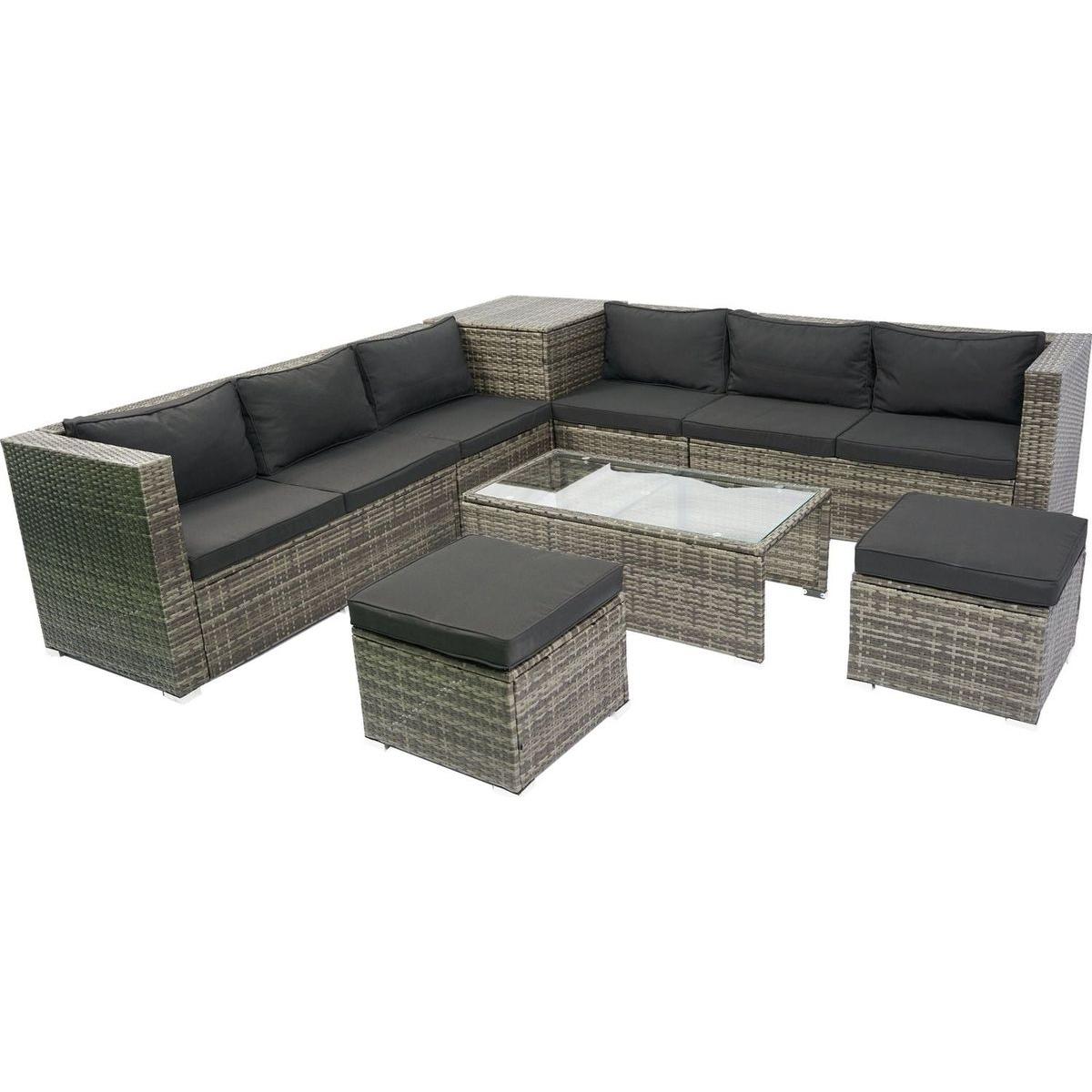 8 Piece Patio Sectional Wicker Rattan Outdoor Furniture Sofa Set with One Storage Box Under Seat and Cushion Box Grey wicker + Black Cushion + Clear Glass Top
