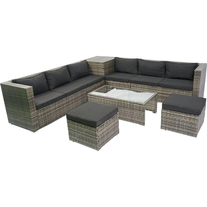 8 Piece Patio Sectional Wicker Rattan Outdoor Furniture Sofa Set with One Storage Box Under Seat and Cushion Box Grey wicker + Black Cushion + Clear Glass Top