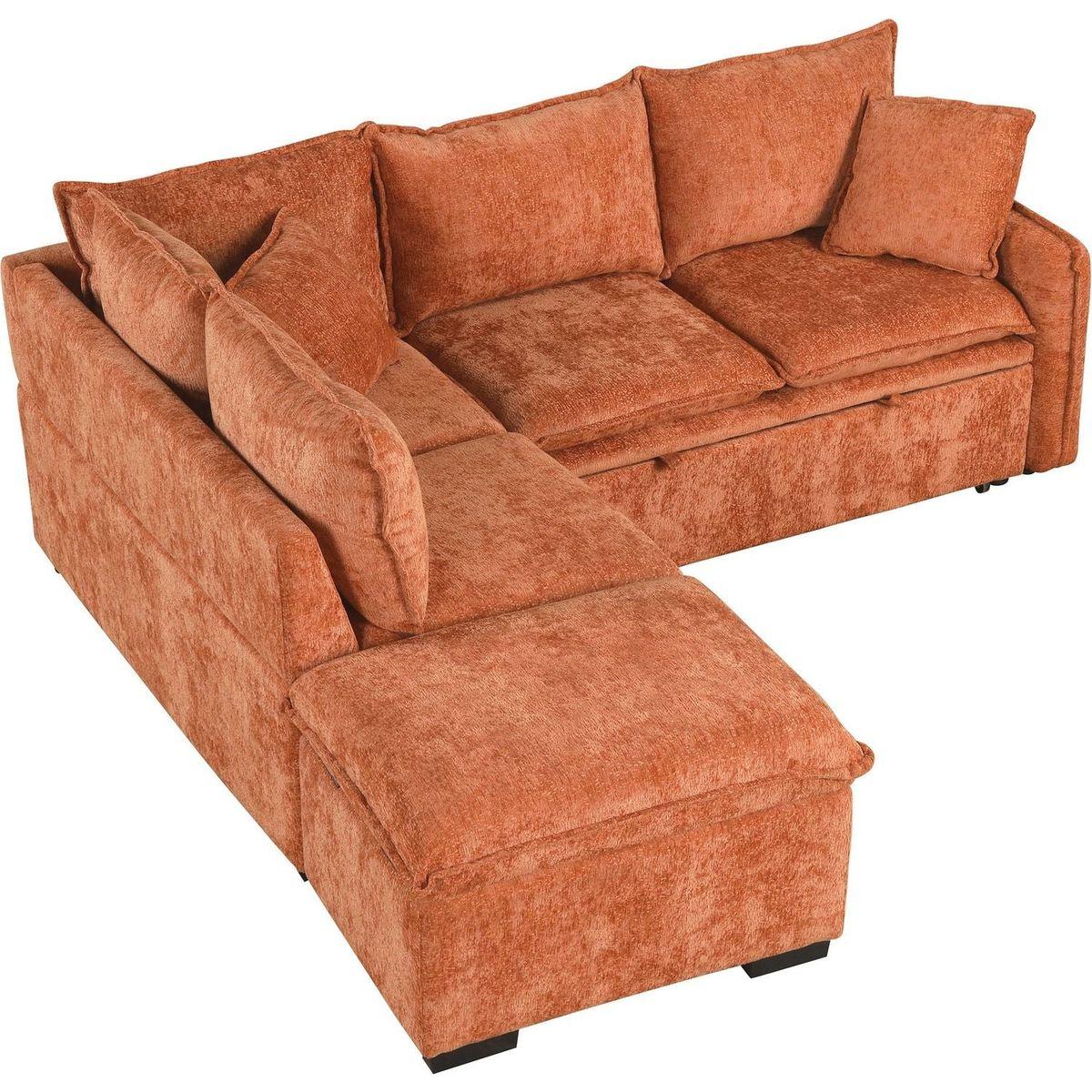 82.67"Convertible Sofa Bed Sectional Sofa Sleeper L-shaped Sofa with a Storage Ottoman,Two Pillows, Two Power Sockets and Two USB Ports for Living Room, Orange