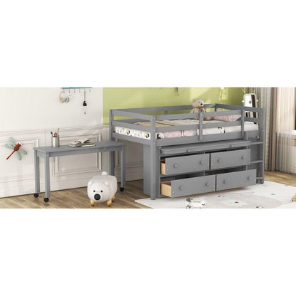 Twin Size Loft Bed with Retractable Writing Desk and 4 Drawers, Wooden Loft Bed with Lateral Portable Desk and Shelves, Gray