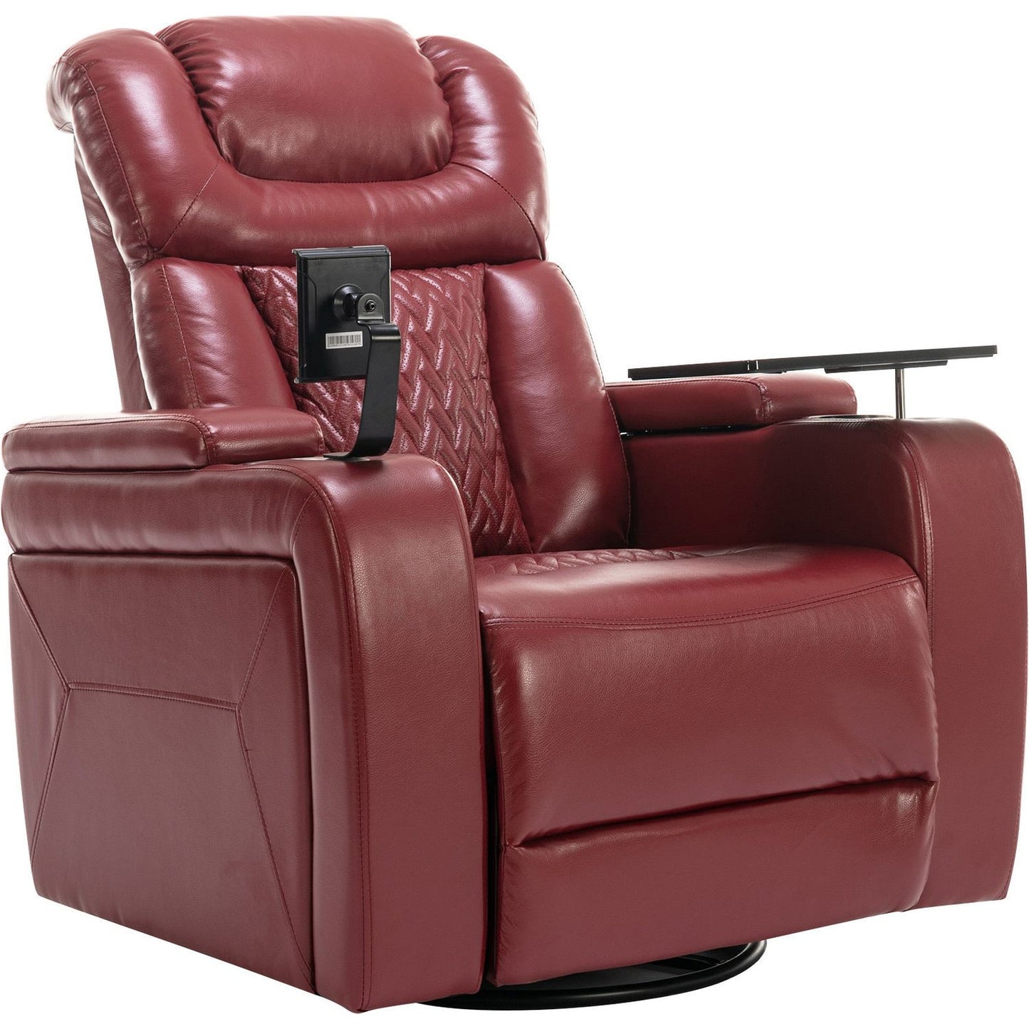 270 Degree Swivel PU Leather Power Recliner Individual Seat Home Theater Recliner with Comforable Backrest, Tray Table, Phone Holder, Cup Holder, USB Port, Hidden Arm Storage for Living Room, Red