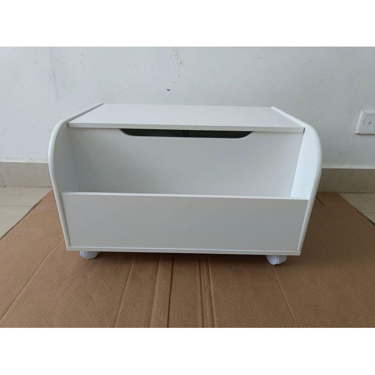 Wooden Toy Box with 4 Universal Wheels, Kids Toy Storage Organizer with Front Bookshelf, Flip-Top Lid, Safety Hinge, Boys Girls Toy Chest Bench for Playroom Kids Room Organization (White)