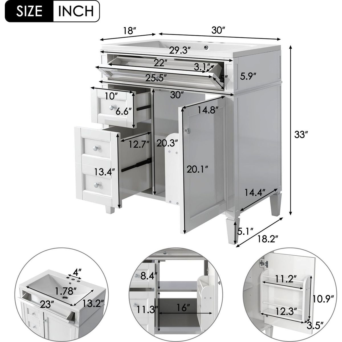 30" Bathroom Vanity with Top Sink, Modern Bathroom Storage Cabinet with 2 Drawers and a Tip-out Drawer, Single Sink Bathroom Vanity