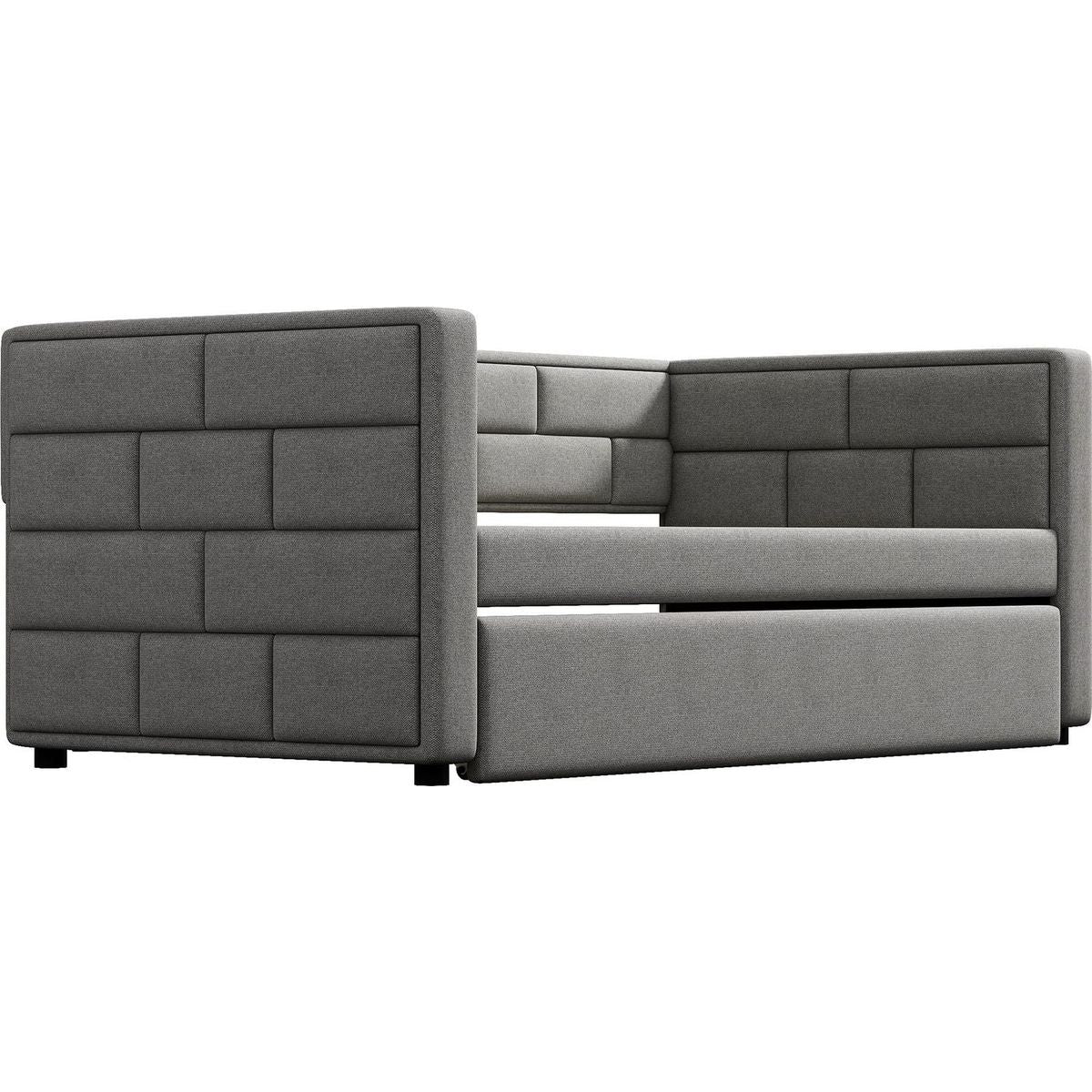 Twin Size Daybed with Trundle, Upholstered Daybed with Padded Back, Gray