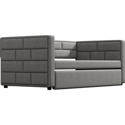 Twin Size Daybed with Trundle, Upholstered Daybed with Padded Back, Gray