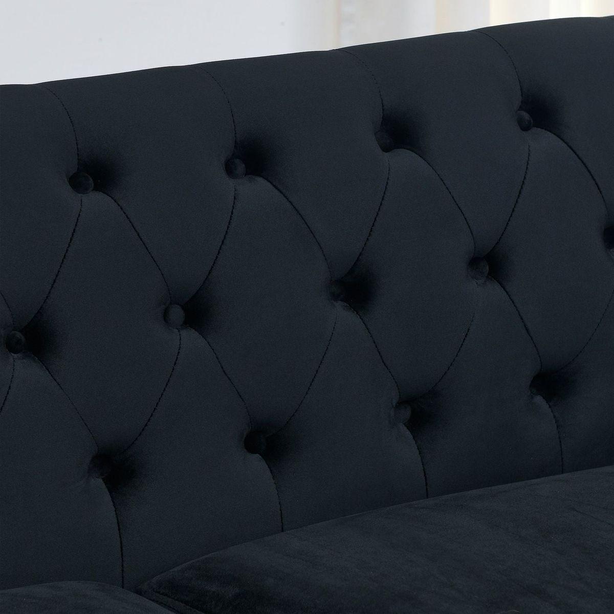 77-Inch Modern Chesterfield Velvet Sofa, 3-Seater Sofa, Upholstered Tufted Backrests with Nailhead Arms and 2 Cushions for Living Room, Bedroom, Apartment, Office (Black)