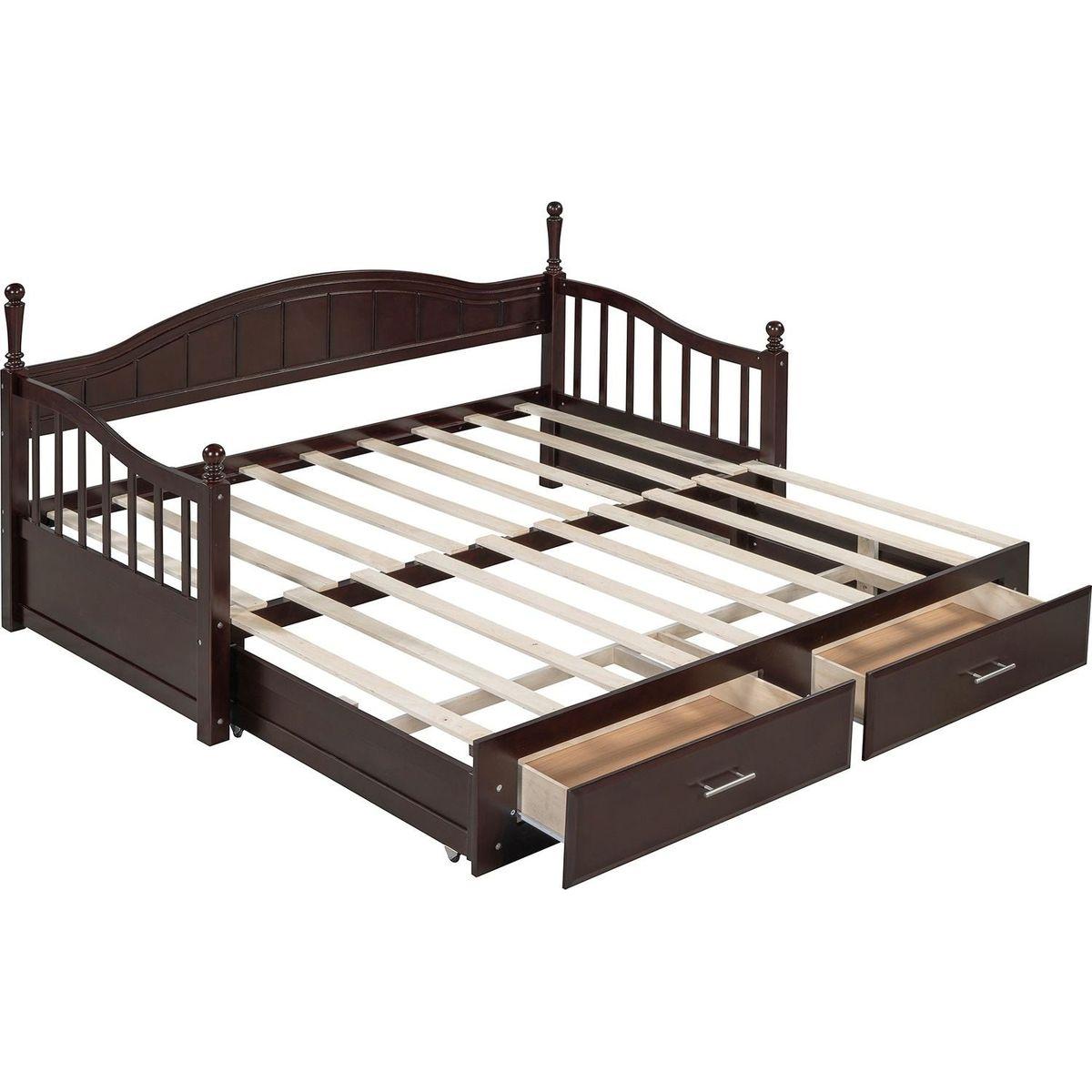 Wooden Twin Size Daybed with Twin Size Trundle, Extendable Daybed with Two Storage Drawers, Espresso