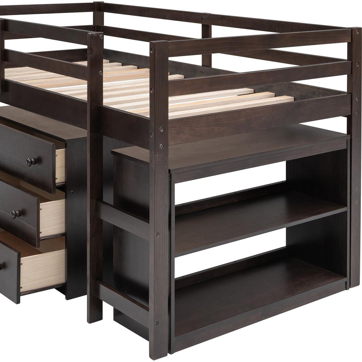 Low Study Twin Loft Bed with Cabinet and Rolling Portable Desk - Espresso
