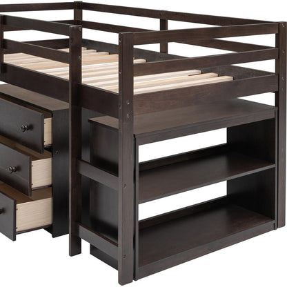 Low Study Twin Loft Bed with Cabinet and Rolling Portable Desk - Espresso