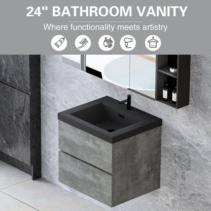 24" Floating Bathroom Vanity with Sink, Modern Wall-Mounted Bathroom Storage Vanity Cabinet with Black Quartz Sand Top Basin and Soft Close Drawers, 24V12-24GR Grey