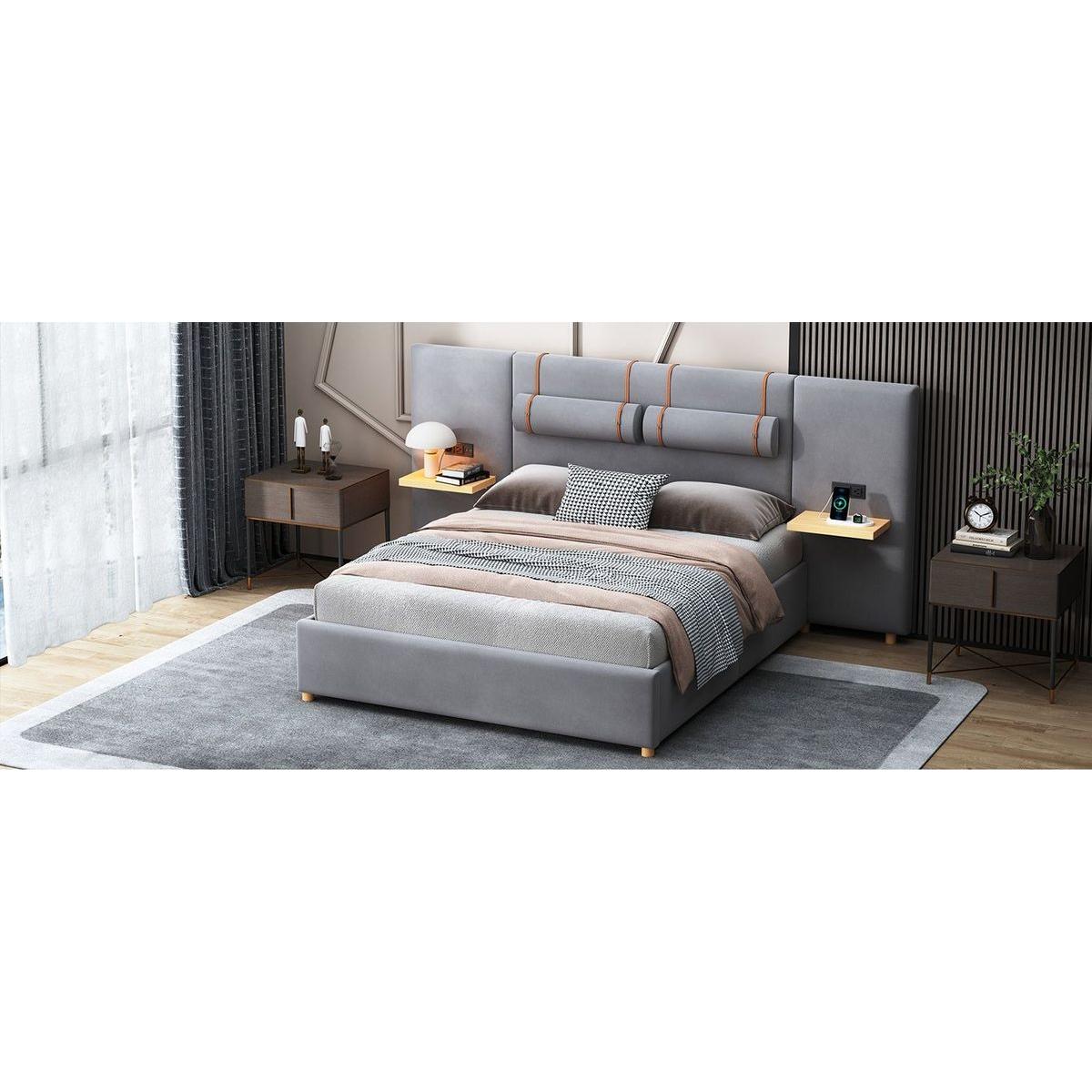Queen Upholstered Platform Bed, Two Outlets and USB Charging Ports on Both Sides, Two Bedside Pillows, Storage Shelves, Velvet,Gray