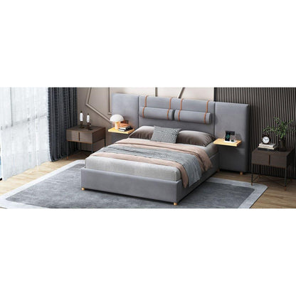 Queen Upholstered Platform Bed, Two Outlets and USB Charging Ports on Both Sides, Two Bedside Pillows, Storage Shelves, Velvet,Gray