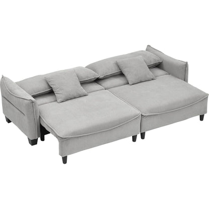 grey corduroy fabric, sofa can be converted into a sofa bed with two throw pillows, suitable for living room and other scenes