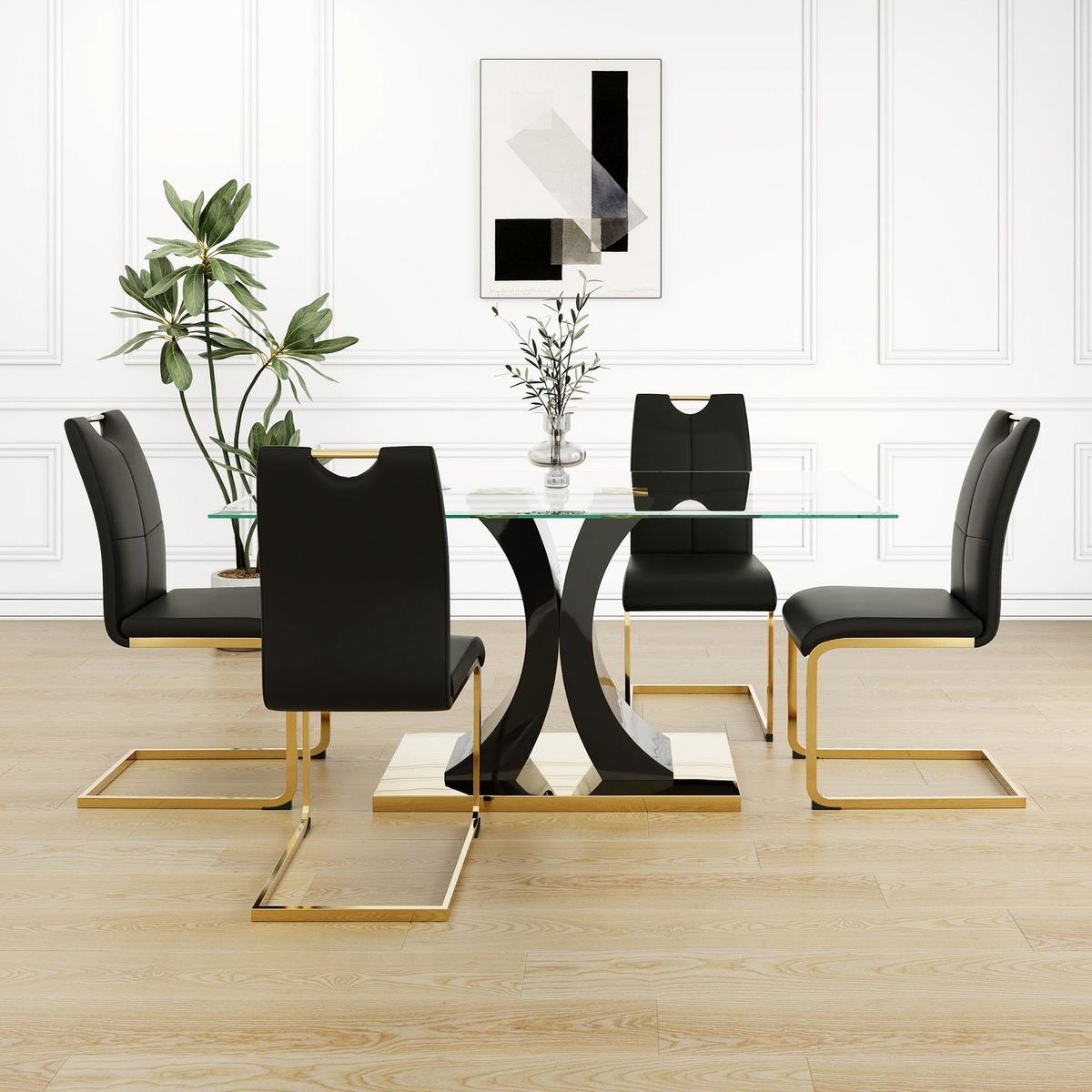 Modern style glass dining table, elegant transparent design, solid support base, black dining chair set, gold-plated chair legs, suitable for restaurant kitchen use (set of 5)