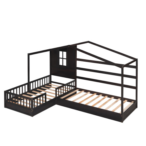 Wood House Bed Twin Size, 2 Twin Solid Bed L structure with fence and slatted frame, Espresso