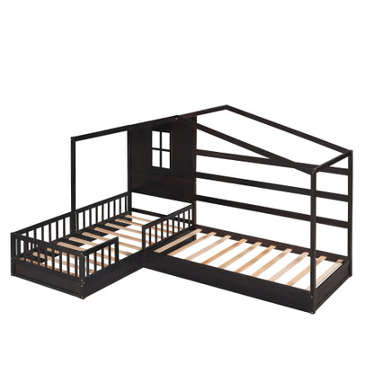 Wood House Bed Twin Size, 2 Twin Solid Bed L structure with fence and slatted frame, Espresso