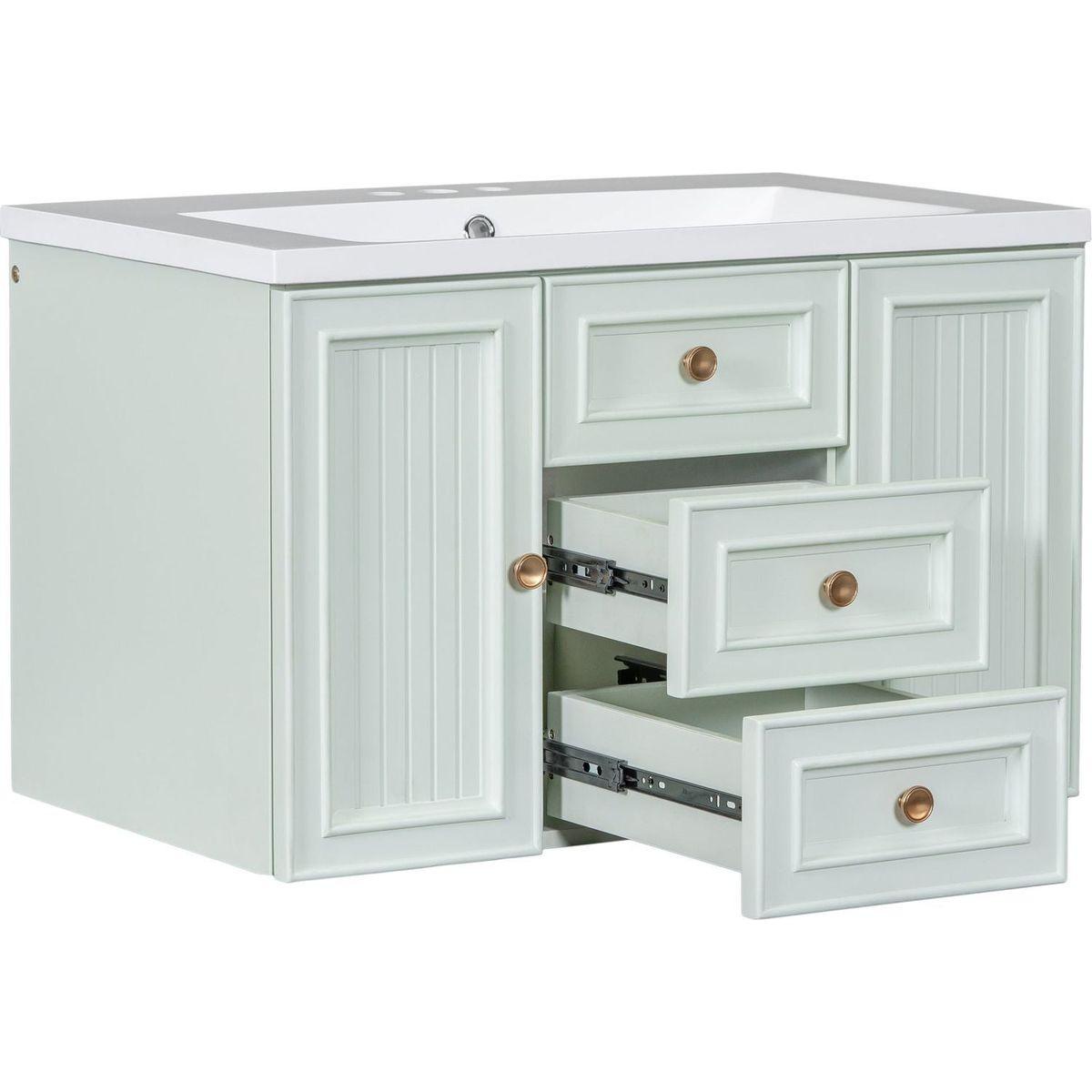 30" Wall Mounted Bathroom Vanity with Sink Combo, Functional Drawer, Solid Wood & MDF Board & Ceramic, Green