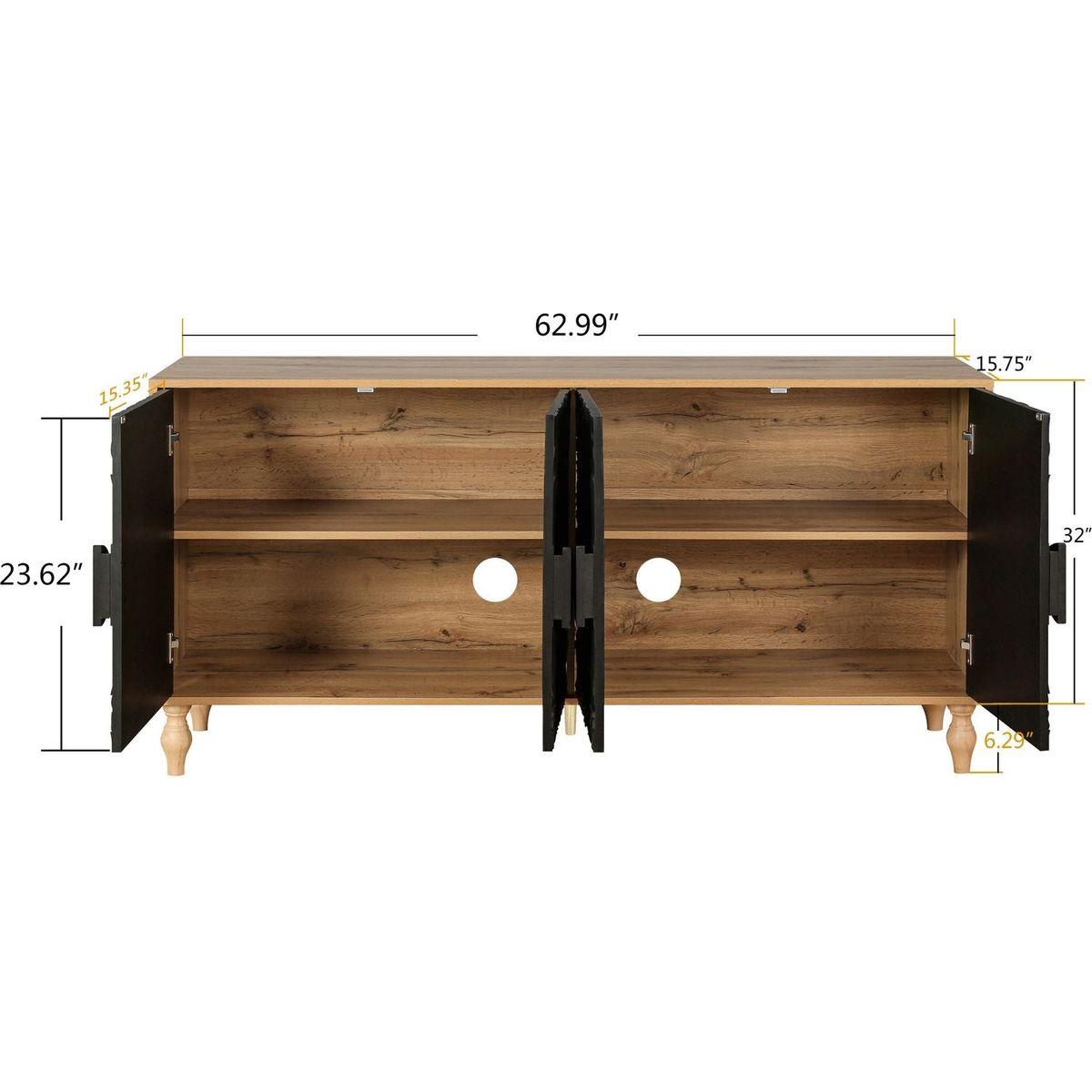 Black Carved Symmetrical Design Door And Wood Coloured Frame For TV Stand Table,Living Room, Entryway