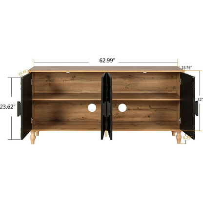 Black Carved Symmetrical Design Door And Wood Coloured Frame For TV Stand Table,Living Room, Entryway