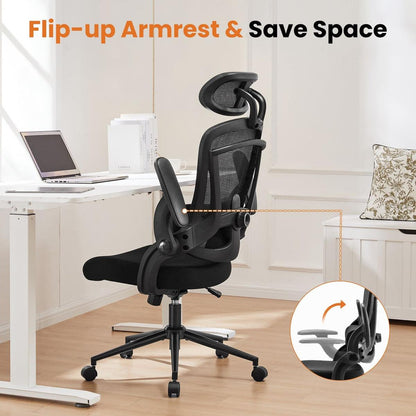 High Back Desk Chair with Adjustable Lumbar Support & Headrest,Comfortable Mesh Computer Chair with Soft Flip Up Arms, Adjustable Height and 120Tilt,Black