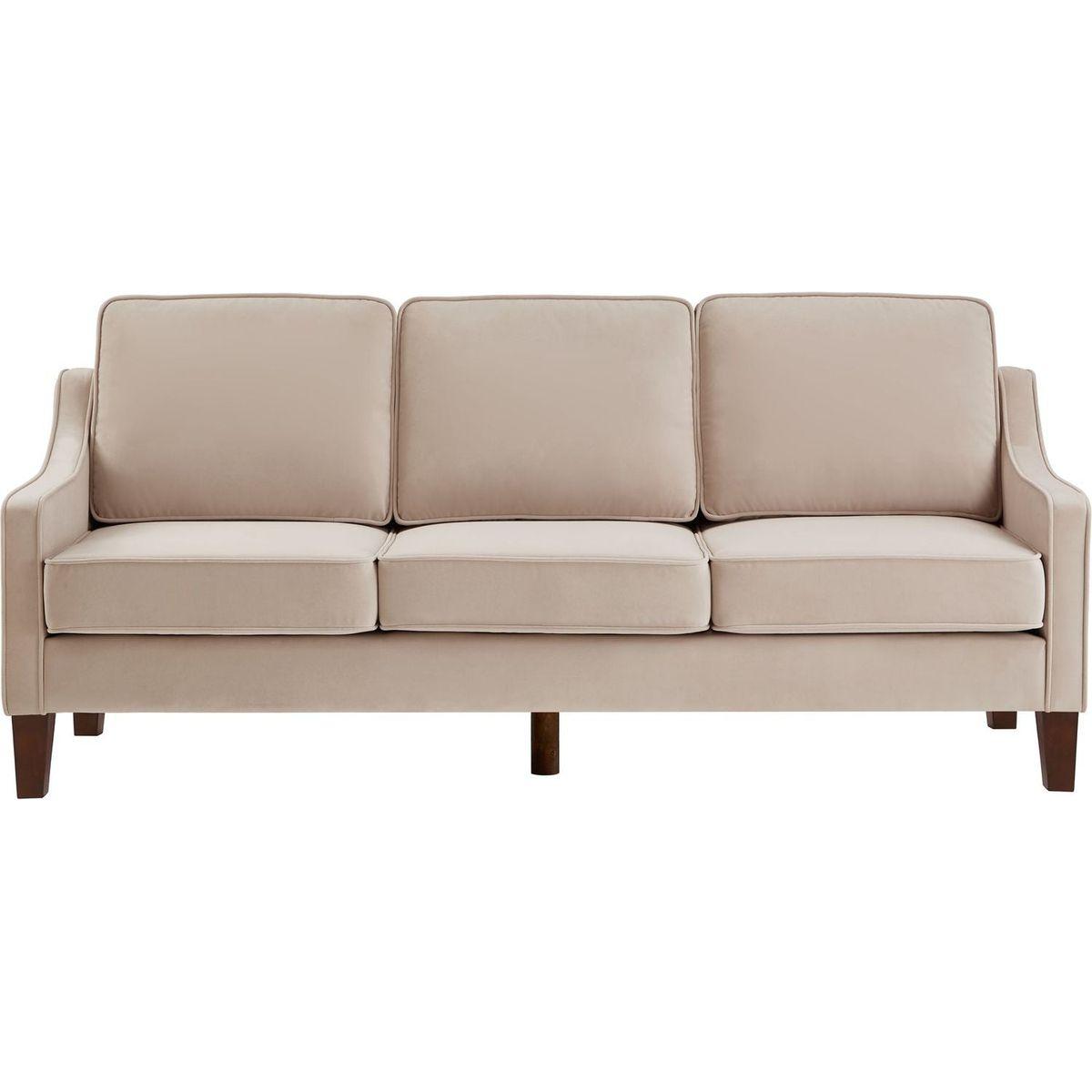 Modern 3 Piece seat Sofa Couch with Scooped Armrest/Wood legs,Upholstered Velvet 3-seat Sofa with Removable Cushions for Livingroom Bedroom,Taupe